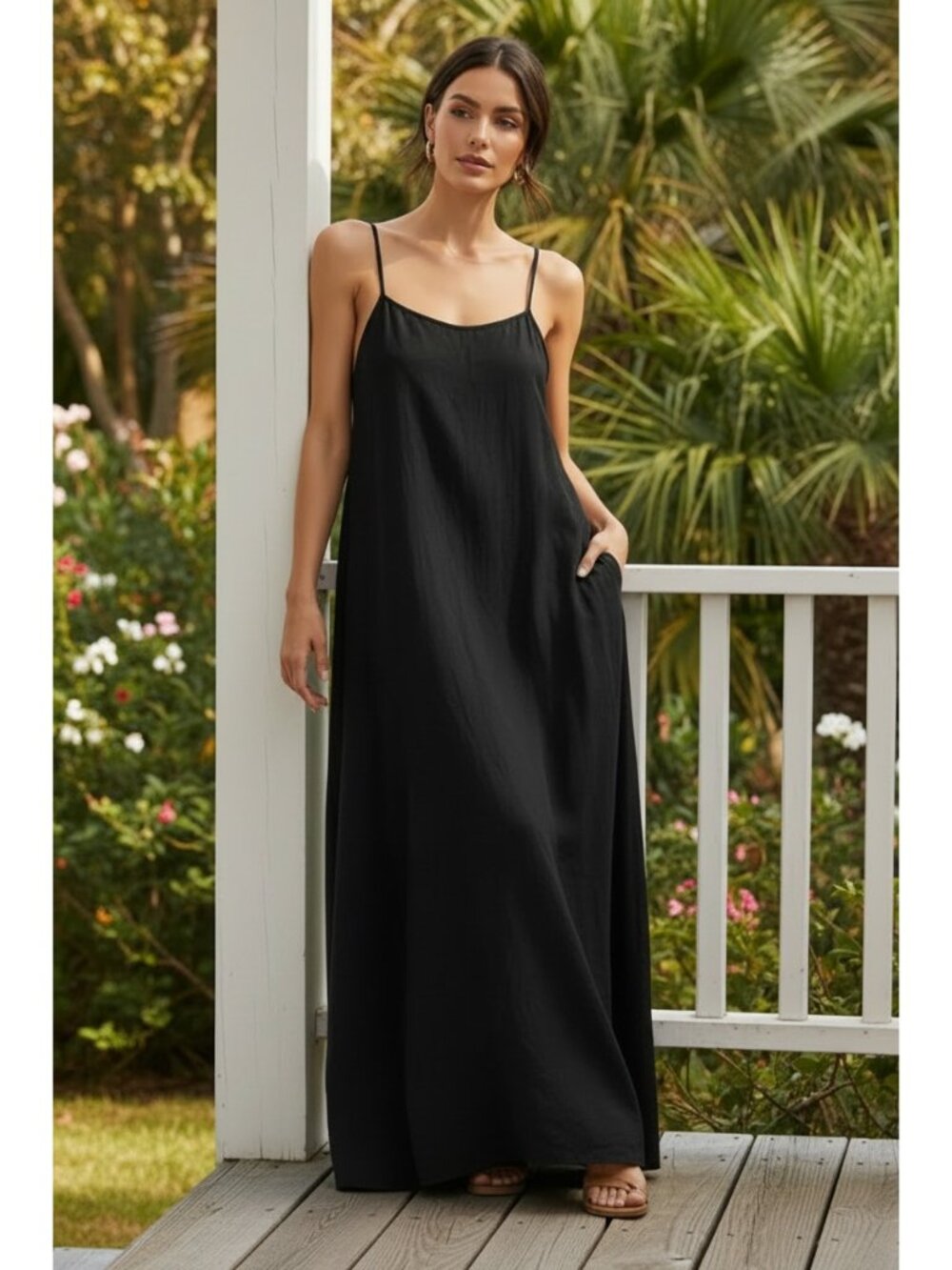 Oversized Baggy Sleeveless Spaghetti Strap Side Slit Pocket Boho Maxi Dress
